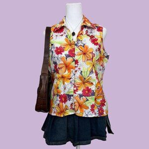 multi color tropical floral vintage 90s sleeveless button up top